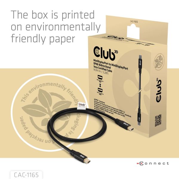 CLUB3D MiniDisplayPort™ to MiniDisplayPort Bi-Directional VESA DP80 Certified Cable M/M 1m/3.28ft (CAC-1165)