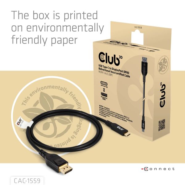 CLUB3D USB Type-C Cable to DP 2.1 Bi-Directional VESA DP80 Certified Cable M/M 1m/3.28ft (CAC-1559)