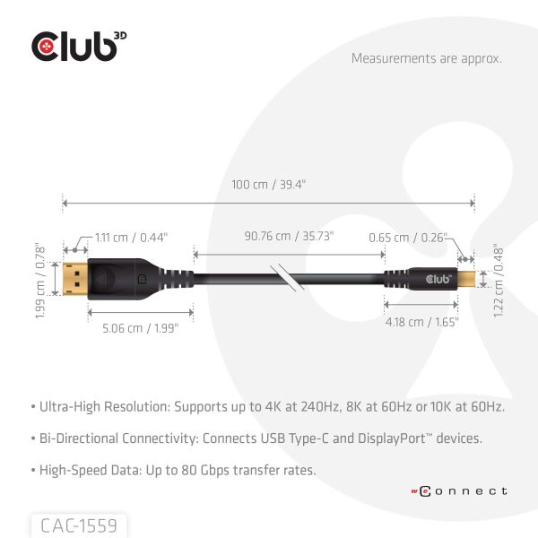 CLUB3D USB Type-C Cable to DP 2.1 Bi-Directional VESA DP80 Certified Cable M/M 1m/3.28ft (CAC-1559)