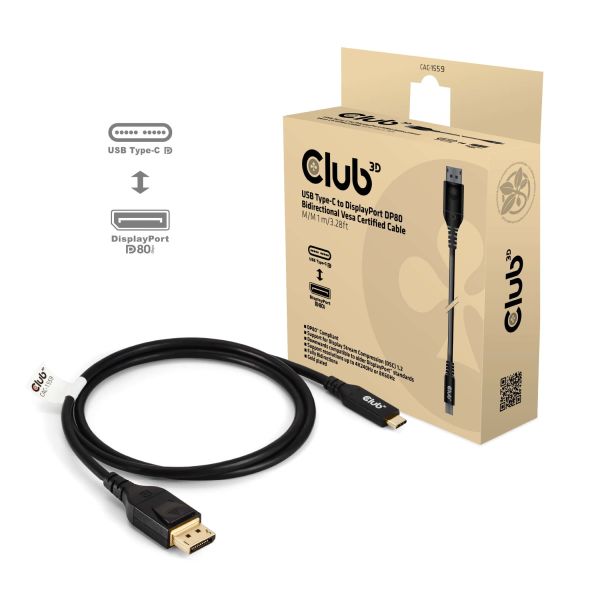 CLUB3D USB Type-C Cable to DP 2.1 Bi-Directional VESA DP80 Certified Cable M/M 1m/3.28ft (CAC-1559)