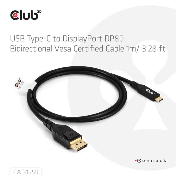 CLUB3D USB Type-C Cable to DP 2.1 Bi-Directional VESA DP80 Certified Cable M/M 1m/3.28ft (CAC-1559)
