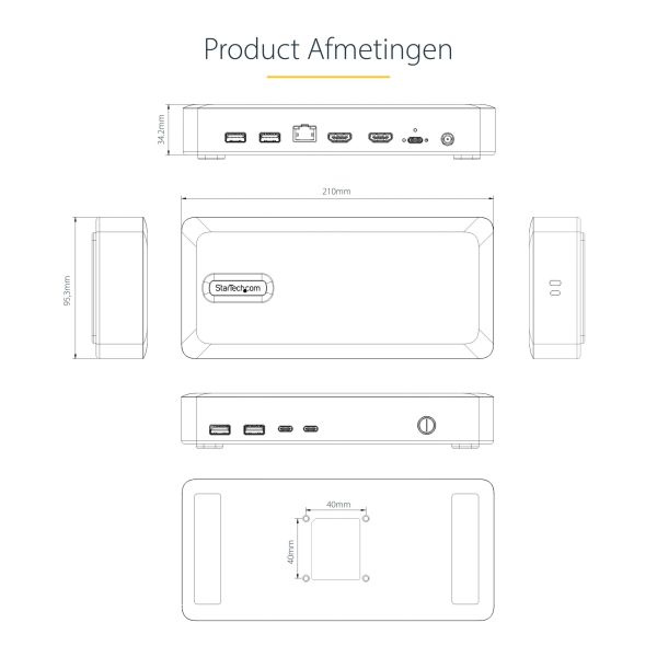 StarTech.com USB4 Docking Station, USB-C 40Gbps, Dual HDMI Video, Tot 2x 4K 60Hz 4:4:4 (RGB) of 2x 4K 120Hz 4:2:2, Multi-Monitor Dock, 6x USB, 2.5GbE, 100W PD (155UE-USB4-DOCK)