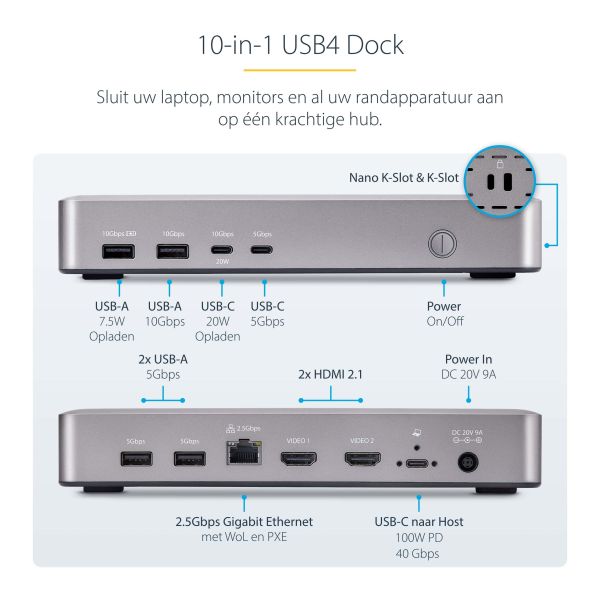 StarTech.com USB4 Docking Station, USB-C 40Gbps, Dual HDMI Video, Tot 2x 4K 60Hz 4:4:4 (RGB) of 2x 4K 120Hz 4:2:2, Multi-Monitor Dock, 6x USB, 2.5GbE, 100W PD (155UE-USB4-DOCK)
