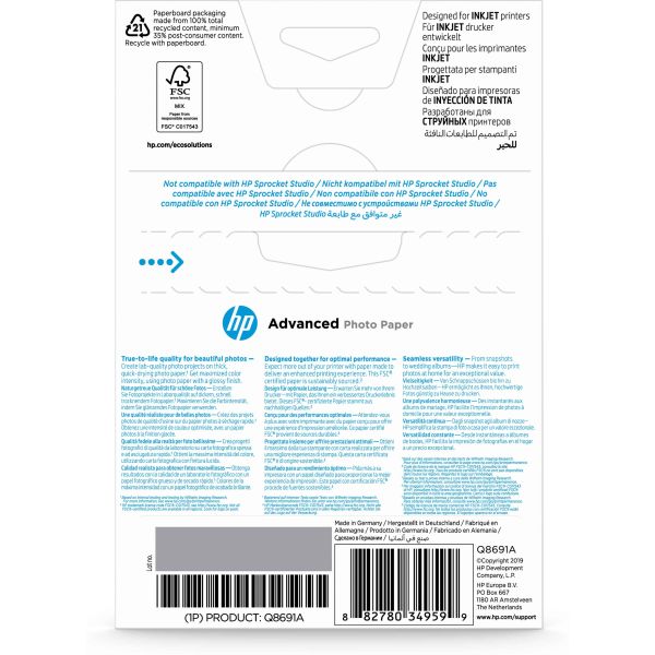 HP Advanced Photo-papier, glanzend, 250 g/m2, 10 x 15 cm (101 x 152 mm), 25 vellen (Q8691A)