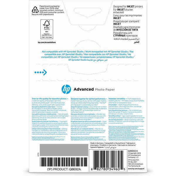 HP Advanced Photo-papier, glanzend, 250 g/m2, 10 x 15 cm (101 x 152 mm), 100 vellen (Q8692A)