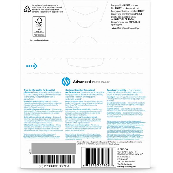 HP Advanced Photo Paper, glanzend, 25 vel, 13 x 18 cm randloos (Q8696A)