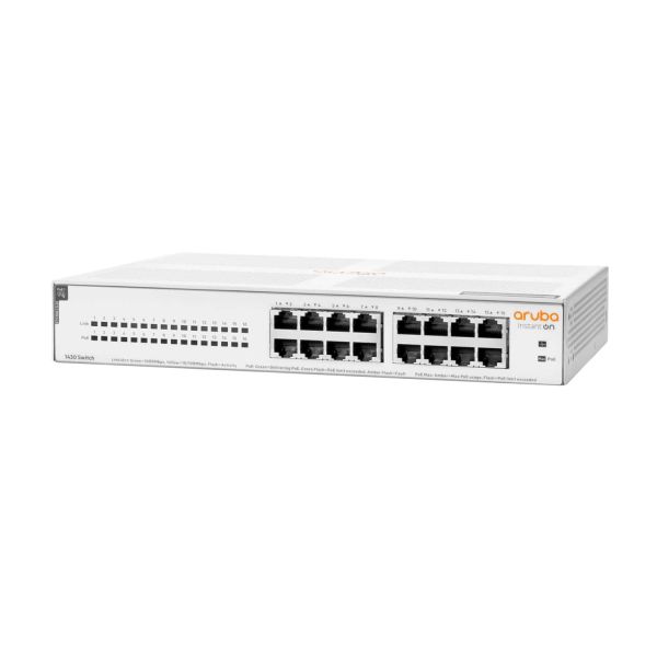 Hewlett Packard Enterprise Aruba Instant On 1430 16G Class4 PoE 124W Unmanaged L2 Gigabit Ethernet (10/100/1000) Power over Ethernet (PoE) 1U Wit (R8R48A#ABB)