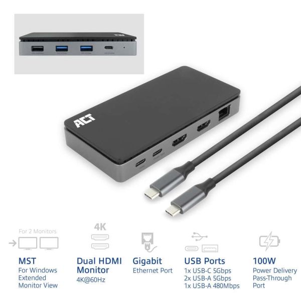 ACT USB-C 4K MST dockingstation voor 2 HDMI-monitoren, Ethernet, USB-C, 3x USB-A, PD passthrough en 1 meter lange afneembare USB-C-kabel (AC7093)