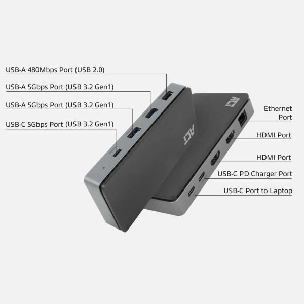 ACT USB-C 4K MST dockingstation voor 2 HDMI-monitoren, Ethernet, USB-C, 3x USB-A, PD passthrough en 1 meter lange afneembare USB-C-kabel (AC7093)