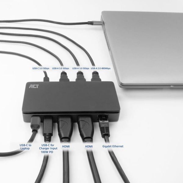 ACT USB-C 4K MST dockingstation voor 2 HDMI-monitoren, Ethernet, USB-C, 3x USB-A, PD passthrough en 1 meter lange afneembare USB-C-kabel (AC7093)