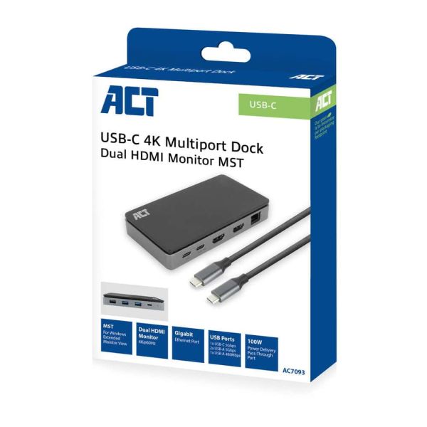 ACT USB-C 4K MST dockingstation voor 2 HDMI-monitoren, Ethernet, USB-C, 3x USB-A, PD passthrough en 1 meter lange afneembare USB-C-kabel (AC7093)