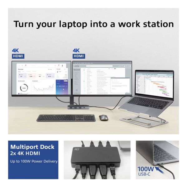 ACT USB-C 4K MST dockingstation voor 2 HDMI-monitoren, Ethernet, USB-C, 3x USB-A, PD passthrough en 1 meter lange afneembare USB-C-kabel (AC7093)
