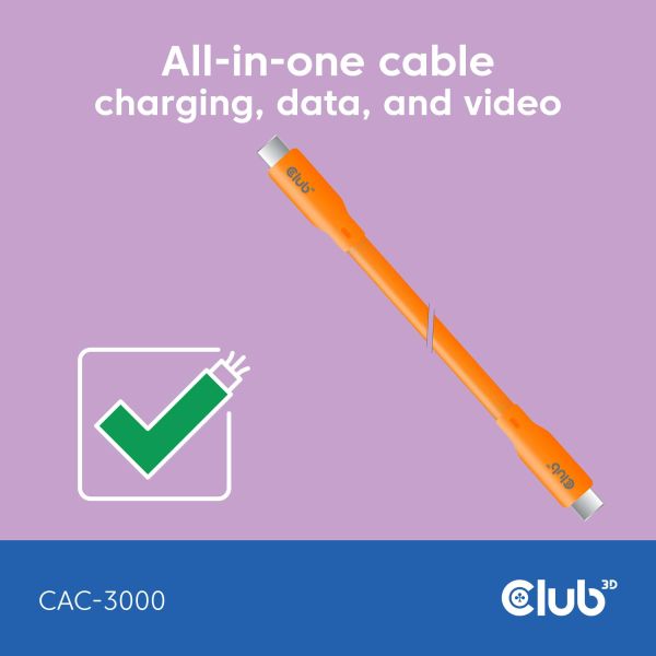 CLUB3D USB C oplaadkabel oranje siliconen & tangle-free (CAC-3000)