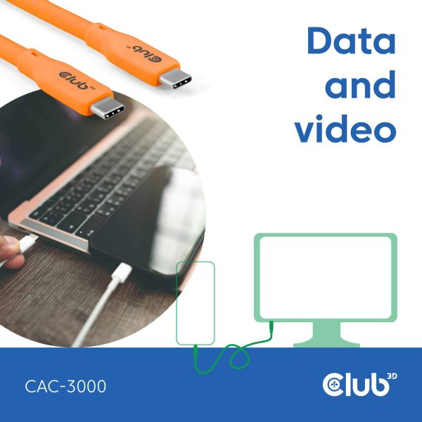 CLUB3D USB C oplaadkabel oranje siliconen & tangle-free (CAC-3000)