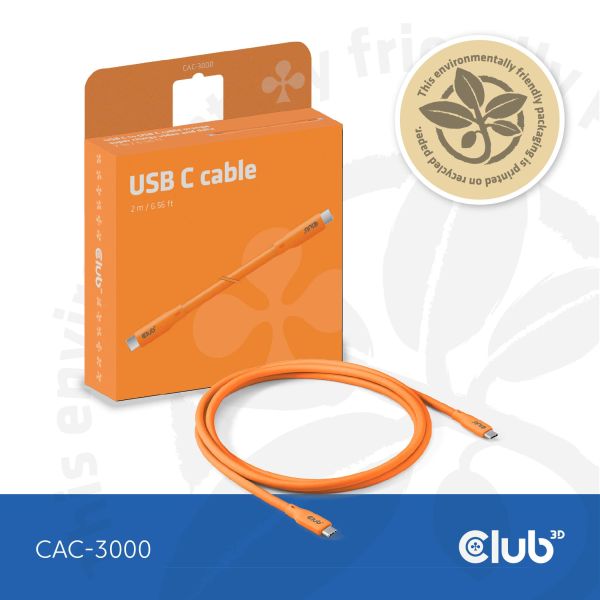 CLUB3D USB C oplaadkabel oranje siliconen & tangle-free (CAC-3000)
