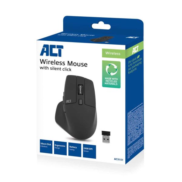 ACT Draadloze muis 2400 DPI, stille klik, milieuvriendelijk, gemaakt van gerecyclede materialen (AC5151) ACT Draadloze muis 2400 DPI, stille klik, milieuvriendelijk, gemaakt van gerecyclede materialen (AC5151)