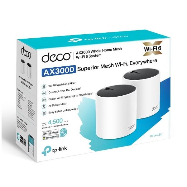 TP-Link DECO X55 (2-Pack) Dual-band (2.4 GHz / 5 GHz) Wi-Fi 6 (802.11ax) Wit 3 Intern (DECO X55(2-PACK)) TP-Link DECO X55 (2-Pack) Dual-band (2.4 GHz / 5 GHz) Wi-Fi 6 (802.11ax) Wit 3 Intern (DECO X55(2-PACK))