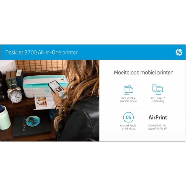 HP DeskJet 3760 All-in-One printer, Kleur, Printer voor Home, Afdrukken, kopiëren, scannen, draadloos, Draadloos; Geschikt voor Instant Ink; Printen vanaf een telefoon of tablet; Scannen naar pdf (T8X19B#629)