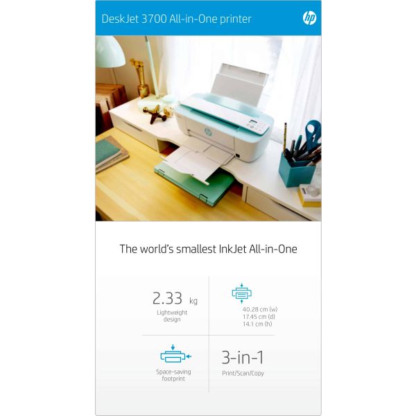HP DeskJet 3760 All-in-One printer, Kleur, Printer voor Home, Afdrukken, kopiëren, scannen, draadloos, Draadloos; Geschikt voor Instant Ink; Printen vanaf een telefoon of tablet; Scannen naar pdf (T8X19B#629)