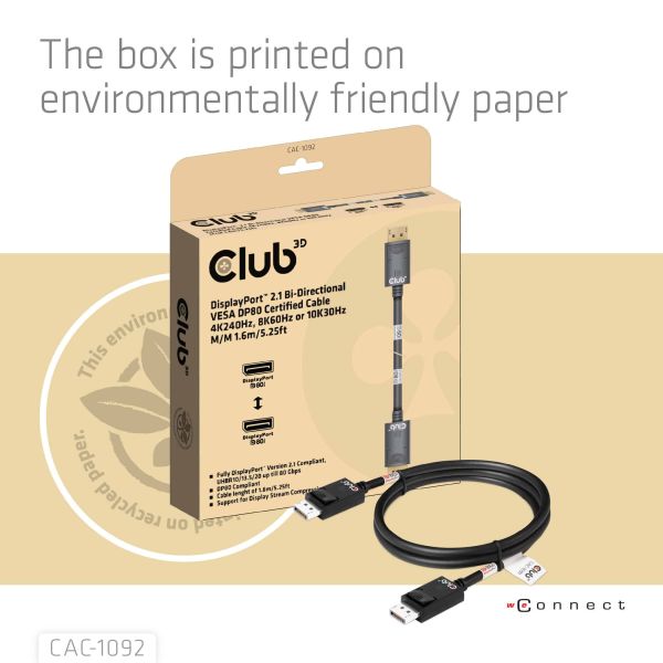 CLUB3D DisplayPort™ 2.1 Bi-Directional VESA DP80 Certified Cable 4K120Hz, 8K60Hz or 10K60Hz M/M 1.6m/5.25ft (CAC-1092)