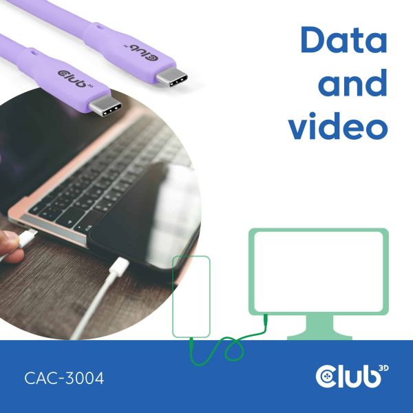 CLUB3D USB C oplaadkabel paars siliconen & tangle-free (CAC-3004)