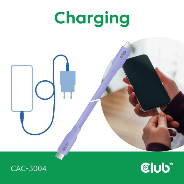 CLUB3D USB C oplaadkabel paars siliconen & tangle-free (CAC-3004)