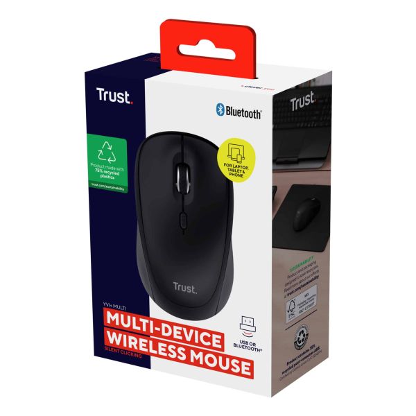 Trust Yvi+ Multi-device Draadloze Muis - RF en Bluetooth muis – Compact ontwerp – 1600 DPI – Zwart (25440) Trust Yvi+ Multi-device Draadloze Muis - RF en Bluetooth muis – Compact ontwerp – 1600 DPI – Zwart (25440)