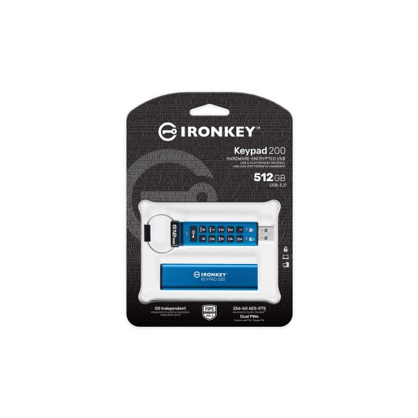 Kingston Technology IronKey 512GB Keypad 200, FIPS 140-3 Lvl 3 (aangevraagd) AES-256 versleuteld (IKKP200/512GB)
