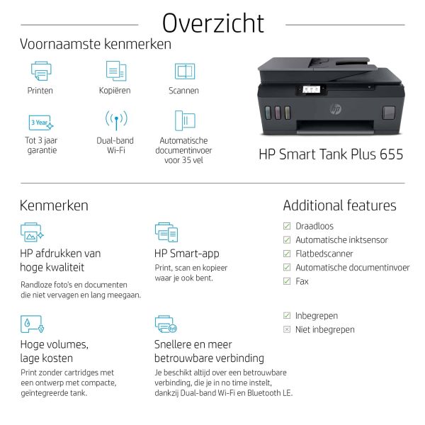 HP Smart Tank Plus 655 draadloze All-in-One, Printen, kopiëren, scannen, faxen, ADF en draadloos, Scans naar pdf (Y0F74A#BHC)