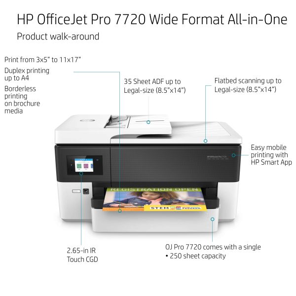 HP OfficeJet Pro 7720 breedformaat All-in-One printer, Kleur, Printer voor Kleine kantoren, Printen, kopiëren, scannen, faxen, Invoer voor 35 vel; Printen via USB-poort aan voorzijde; Dubbelzijdig printen (Y0S18A#A80)