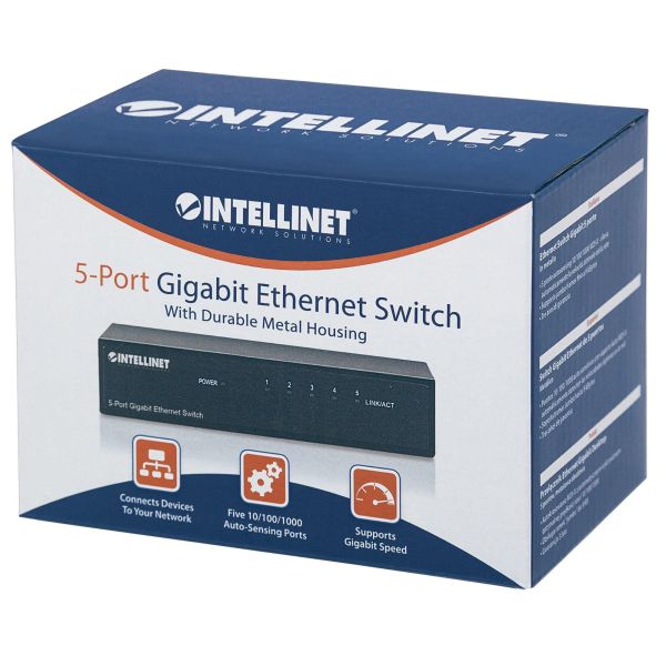 Intellinet 5-poorts Gigabit Ethernet netwerk switch, desktopuitvoering, metalen behuizing, IEEE 802.3az energiezuinig ethernet, 3 jaar garantie (530378)