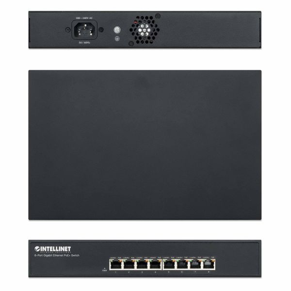 Intellinet 8-poorts Gigabit Ethernet PoE+ netwerk switch, 8x PoE-poorten, IEEE 802.3at/af conform, endspan, desktopuitvoering, 3 jaar garantie (560641)