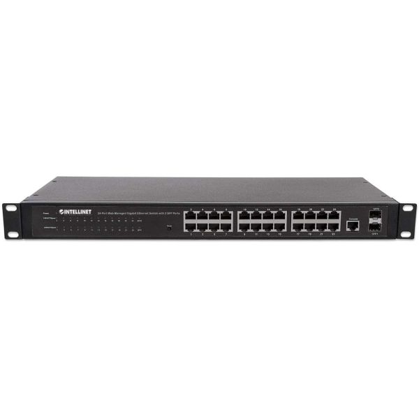 Intellinet 24-poorts Gigabit web-smart netwerk switch, 24x RJ45 10/100/1000 Mbps + 4x SFP-uplink, VLAN-ondersteuning, rackmontage, metalen behuizing, 3 jaar garantie (560917)