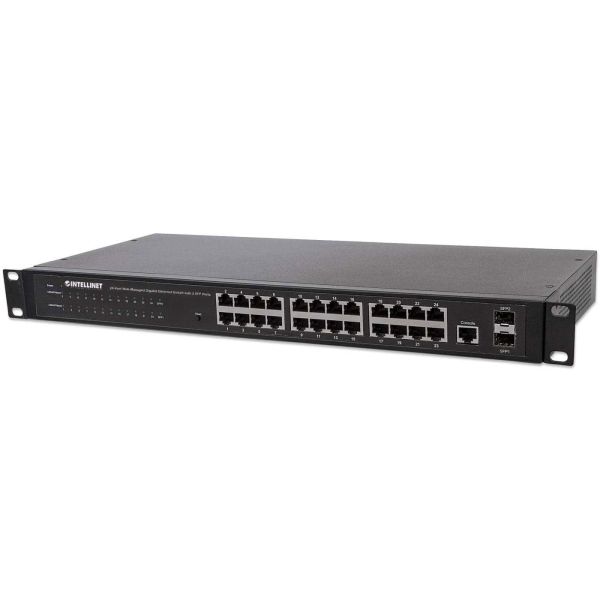Intellinet 24-poorts Gigabit web-smart netwerk switch, 24x RJ45 10/100/1000 Mbps + 4x SFP-uplink, VLAN-ondersteuning, rackmontage, metalen behuizing, 3 jaar garantie (560917)