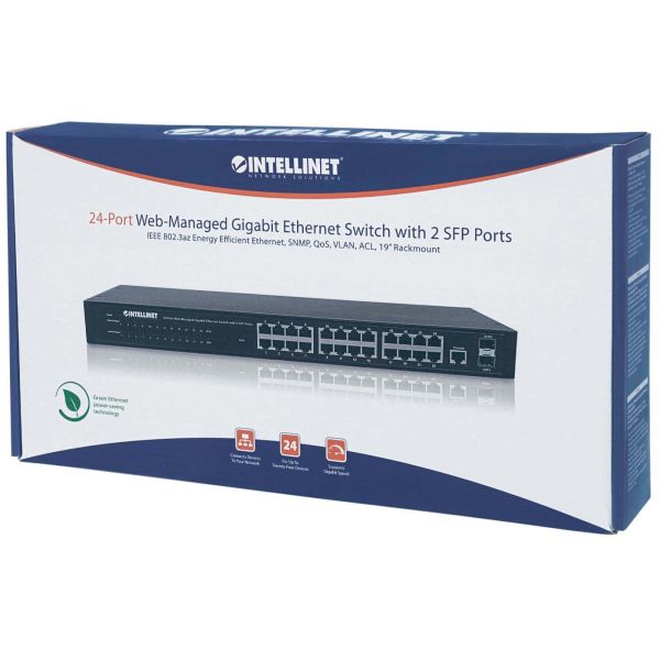 Intellinet 24-poorts Gigabit web-smart netwerk switch, 24x RJ45 10/100/1000 Mbps + 4x SFP-uplink, VLAN-ondersteuning, rackmontage, metalen behuizing, 3 jaar garantie (560917)