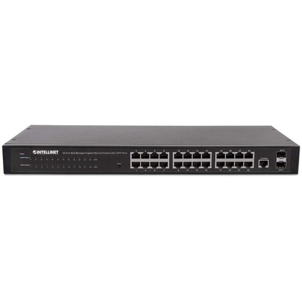 Intellinet 24-poorts Gigabit web-smart netwerk switch, 24x RJ45 10/100/1000 Mbps + 4x SFP-uplink, VLAN-ondersteuning, rackmontage, metalen behuizing, 3 jaar garantie (560917)