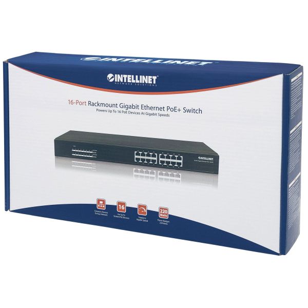 Intellinet 16-poorts Gigabit Ethernet PoE+ netwerk switch, 16x PoE-poorten, IEEE 802.3at/af (PoE+/PoE), endspan, rackmontage, 3 jaar garantie (560993)
