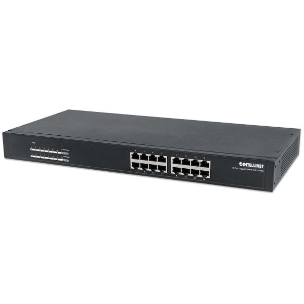Intellinet 16-poorts Gigabit Ethernet PoE+ netwerk switch, 16x PoE-poorten, IEEE 802.3at/af (PoE+/PoE), endspan, rackmontage, 3 jaar garantie (560993)