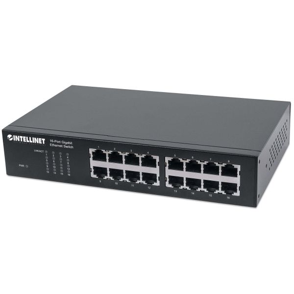 Intellinet 16-poorts Gigabit Ethernet netwerk switch, RJ45 10/100/1000 Mbps, IEEE 802.3az energiezuinig ethernet, desktop en 19" rackmontage, 3 jaar garantie (561068)