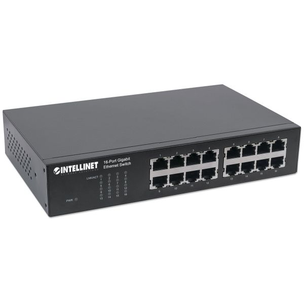 Intellinet 16-poorts Gigabit Ethernet netwerk switch, RJ45 10/100/1000 Mbps, IEEE 802.3az energiezuinig ethernet, desktop en 19" rackmontage, 3 jaar garantie (561068)