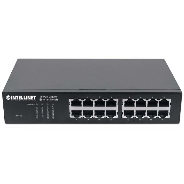 Intellinet 16-poorts Gigabit Ethernet netwerk switch, RJ45 10/100/1000 Mbps, IEEE 802.3az energiezuinig ethernet, desktop en 19" rackmontage, 3 jaar garantie (561068)