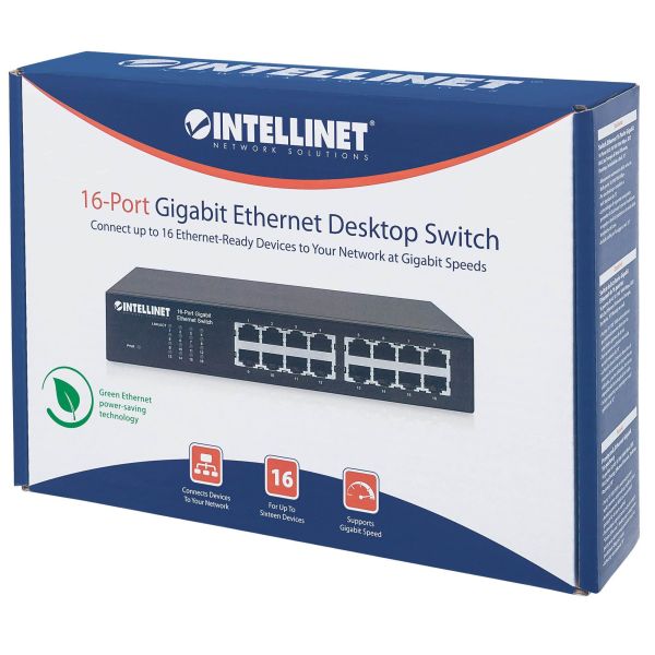 Intellinet 16-poorts Gigabit Ethernet netwerk switch, RJ45 10/100/1000 Mbps, IEEE 802.3az energiezuinig ethernet, desktop en 19" rackmontage, 3 jaar garantie (561068)