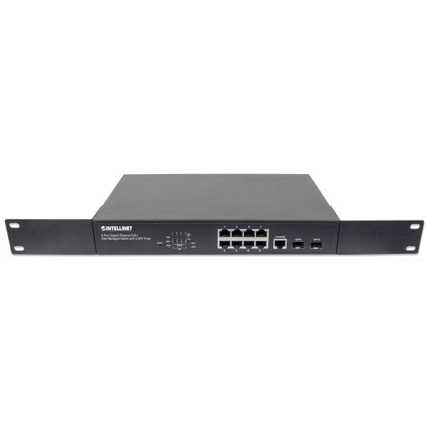 Intellinet 8-poorts Gigabit Ethernet PoE+ web-managed netwerk switch, 2x SFP-uplink, 140 W PoE-budget, VLAN-ondersteuning, 19" rackmontage, 3 jaar garantie (561167)
