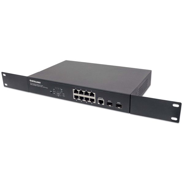 Intellinet 8-poorts Gigabit Ethernet PoE+ web-managed netwerk switch, 2x SFP-uplink, 140 W PoE-budget, VLAN-ondersteuning, 19" rackmontage, 3 jaar garantie (561167)