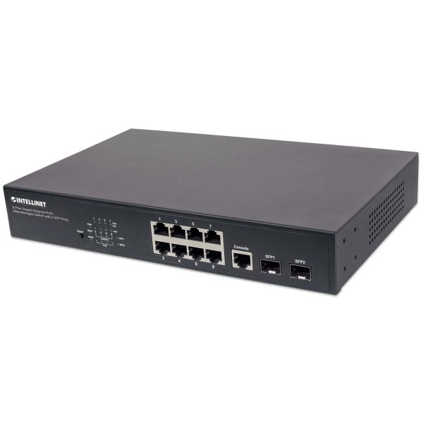Intellinet 8-poorts Gigabit Ethernet PoE+ web-managed netwerk switch, 2x SFP-uplink, 140 W PoE-budget, VLAN-ondersteuning, 19" rackmontage, 3 jaar garantie (561167)