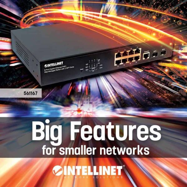 Intellinet 8-poorts Gigabit Ethernet PoE+ web-managed netwerk switch, 2x SFP-uplink, 140 W PoE-budget, VLAN-ondersteuning, 19" rackmontage, 3 jaar garantie (561167)