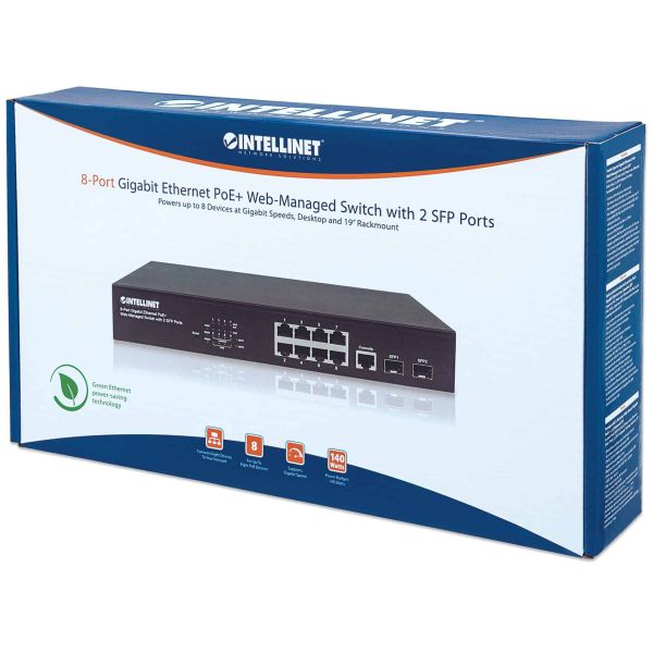 Intellinet 8-poorts Gigabit Ethernet PoE+ web-managed netwerk switch, 2x SFP-uplink, 140 W PoE-budget, VLAN-ondersteuning, 19" rackmontage, 3 jaar garantie (561167)