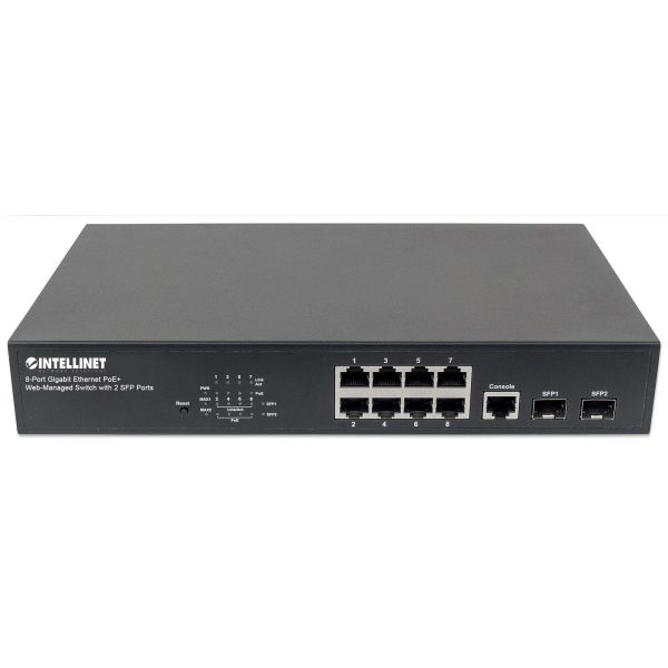 Intellinet 8-poorts Gigabit Ethernet PoE+ web-managed netwerk switch, 2x SFP-uplink, 140 W PoE-budget, VLAN-ondersteuning, 19" rackmontage, 3 jaar garantie (561167)