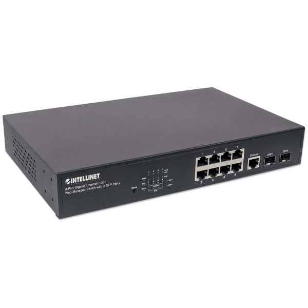 Intellinet 8-poorts Gigabit Ethernet PoE+ web-managed netwerk switch, 2x SFP-uplink, 140 W PoE-budget, VLAN-ondersteuning, 19" rackmontage, 3 jaar garantie (561167)