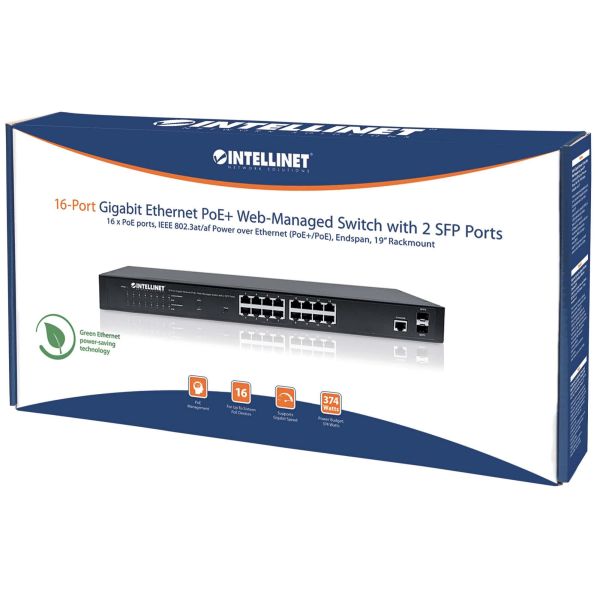 Intellinet 16-poorts Gigabit Ethernet PoE+ web-managed netwerk switch met 2x SFP, IEEE 802.3at/af conform, 374 W, endspan, 19" rackmontage, 3 jaar garantie (561198)